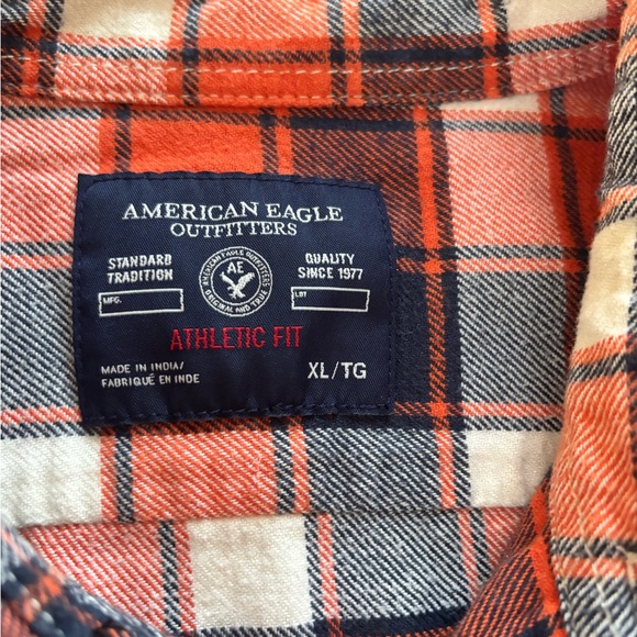 American Eagle Men’s Shirt Athletic Fit Flannel Orange Blue Plaid Cotton Size XL - Picture 6 of 9